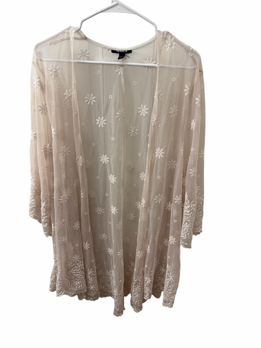 Torrid size 3X Women's Sheer Floral Embroidered long cardigan! Light lavender!